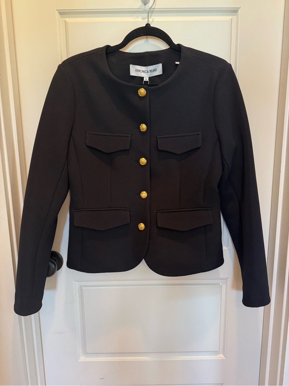 Veronica Beard Kensington Knit Jacket Black Collarless Blazer with Gold Buttons